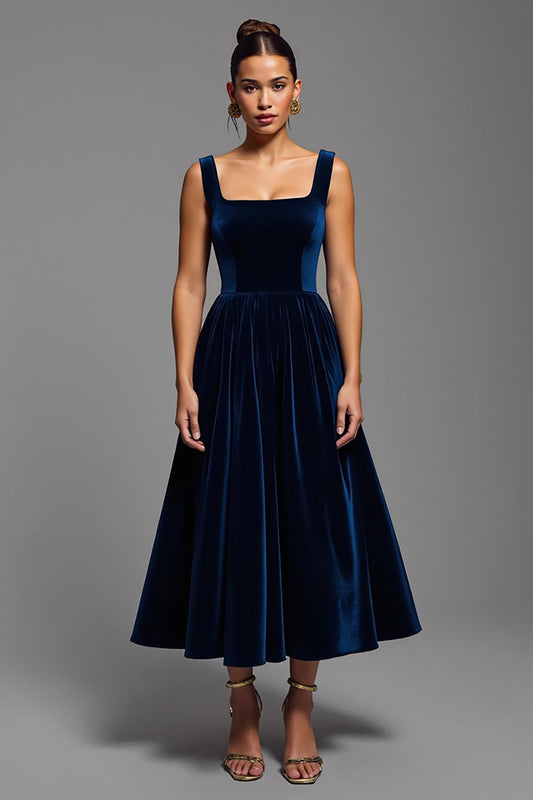 Navy Velvet A Line Square Neck Long Holiday Party Dress