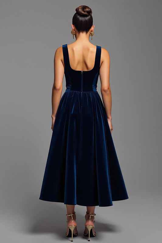 Navy Velvet A Line Square Neck Long Holiday Party Dress