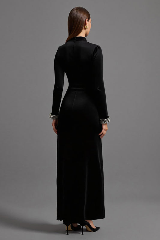 Black High Neck Velvet Long Holiday Party Dress with Sleeves