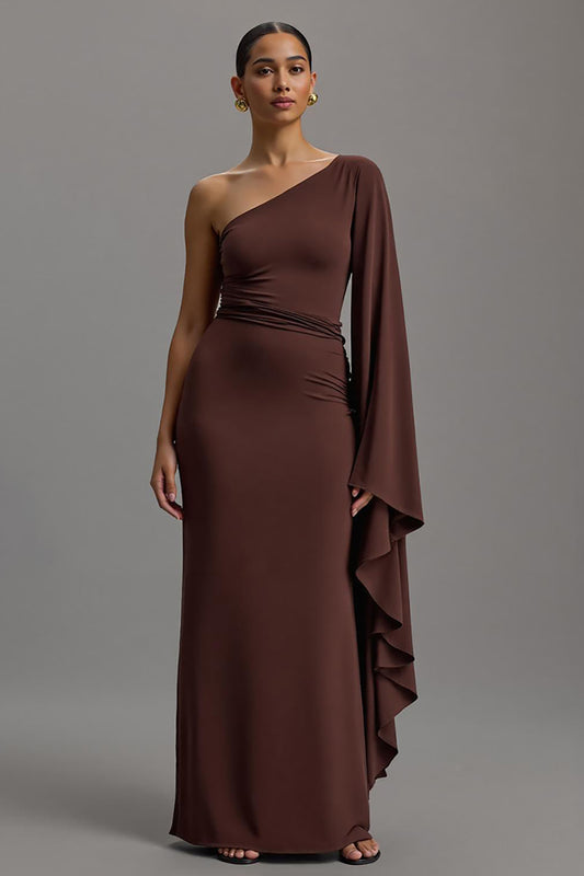 Coffee One Shoulder Asymmetrical Sheath Long Formal Dress with Sleeves