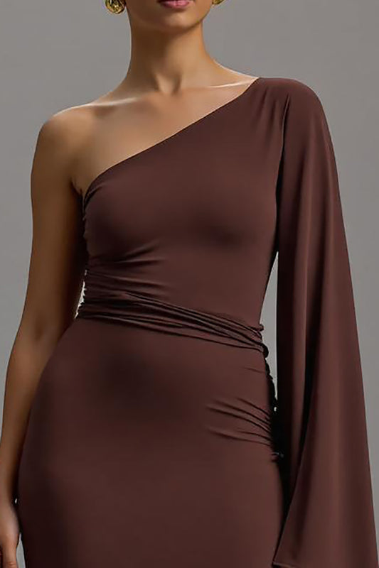 Coffee One Shoulder Asymmetrical Sheath Long Formal Dress with Sleeves