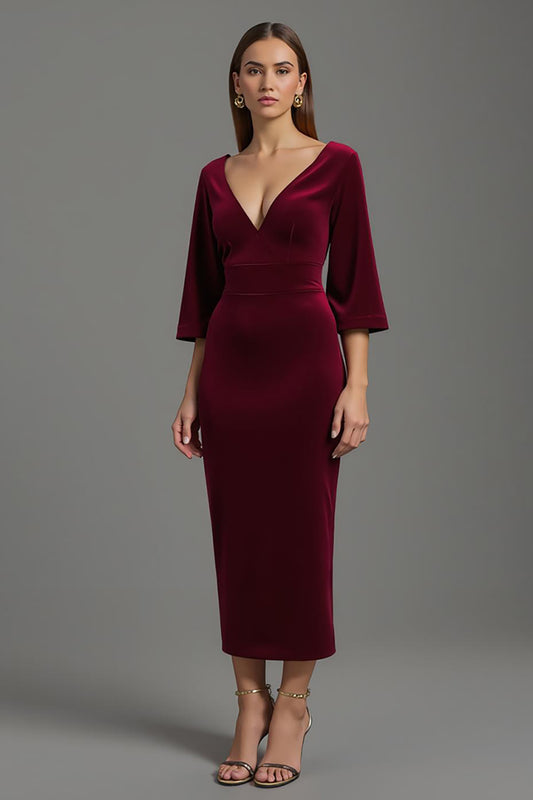 Burgundy Velvet V-Neck Half Sleeves Long Holiday Party Dress
