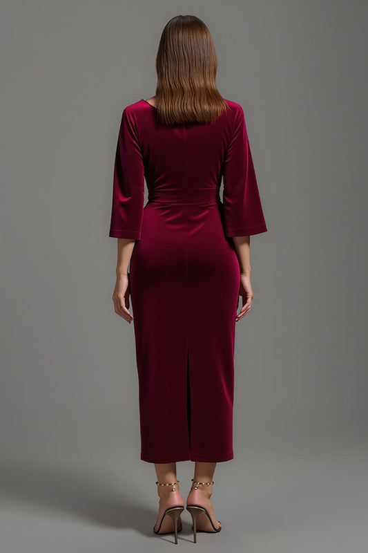 Burgundy Velvet V-Neck Half Sleeves Long Holiday Party Dress