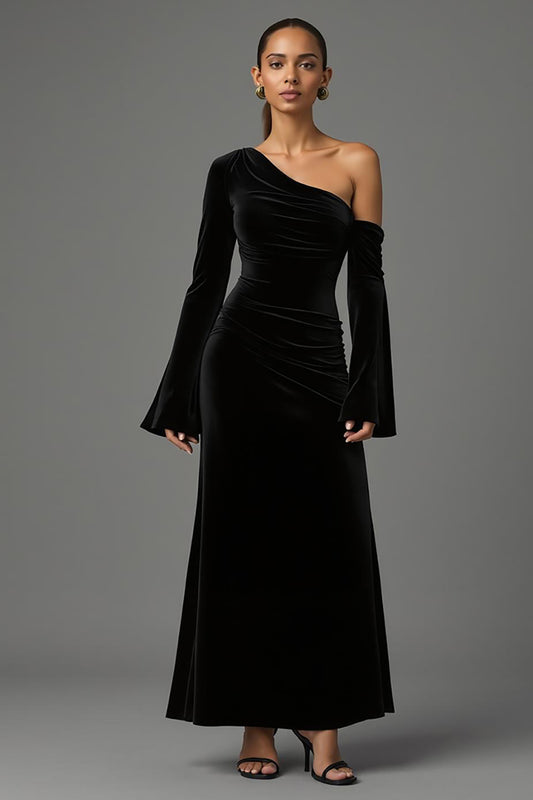 Black One Shoulder Velvet Long Sleeves Holiday Party Dress