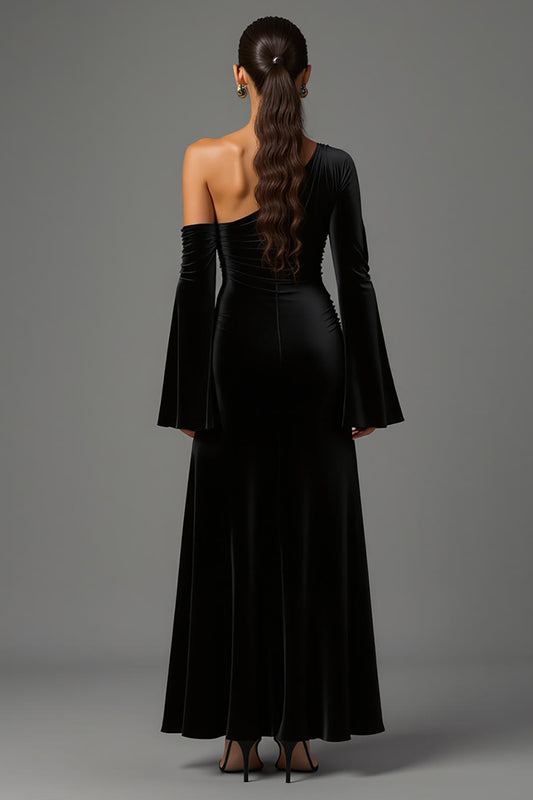 Black One Shoulder Velvet Long Sleeves Holiday Party Dress