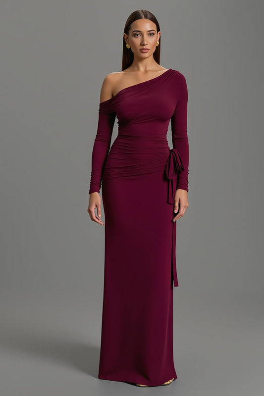 Burgundy One Shoulder Satin Long Sleeves Formal Dress