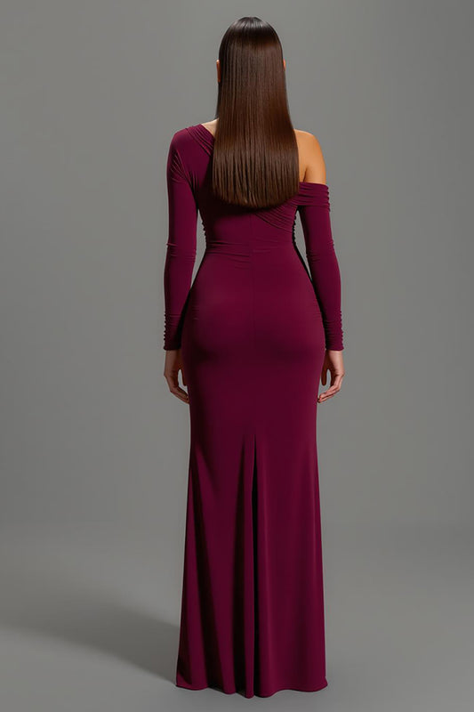 Burgundy One Shoulder Satin Long Sleeves Formal Dress