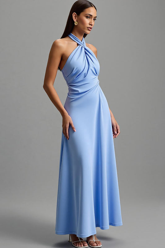 Blue Halter Satin Backless Long Formal Dress