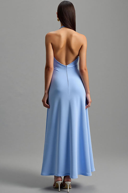 Blue Halter Satin Backless Long Formal Dress