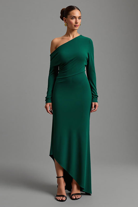 Dark Green One Shoulder Satin Asymmetrical Long Formal Dress