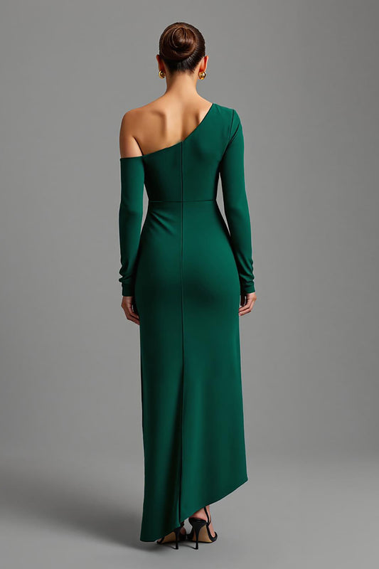 Dark Green One Shoulder Satin Asymmetrical Long Formal Dress