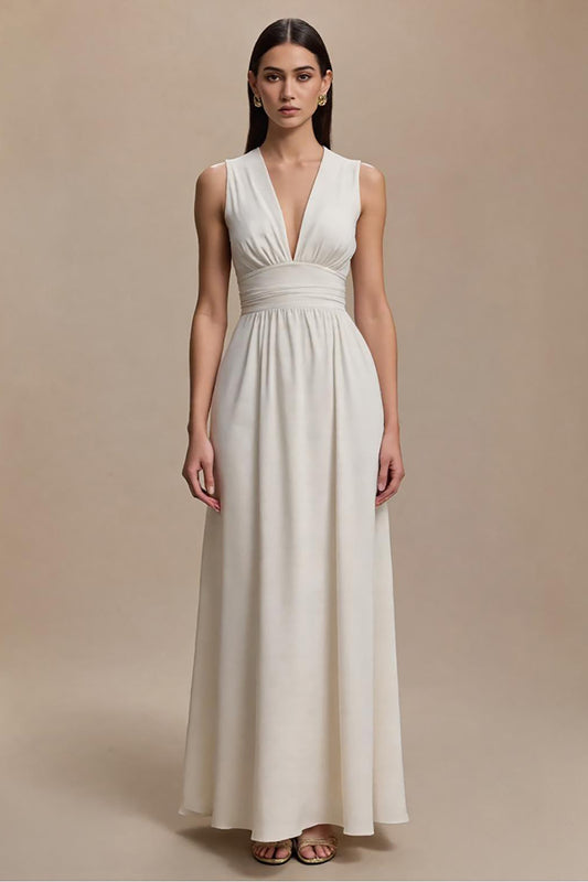 Simple Ivory V-Neck A-Line Long Formal Dress