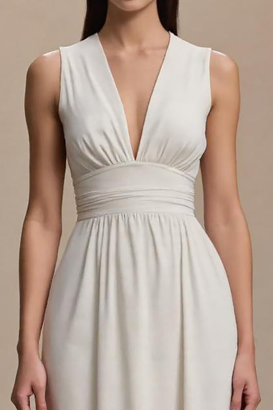 Simple Ivory V-Neck A-Line Long Formal Dress