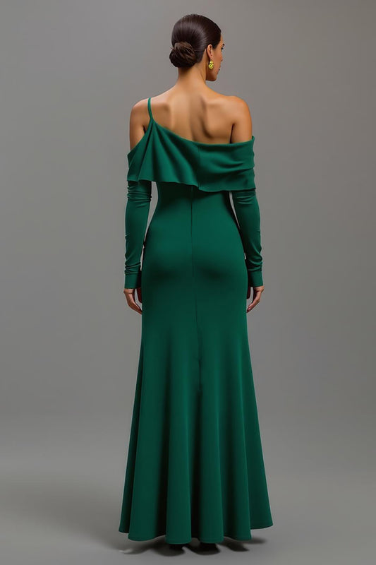 Dark Green One Shoulder High-Low Formal Dress with Sleeves
