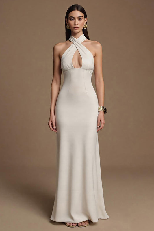 Ivory Halter Keyhole Long Satin Formal Dress