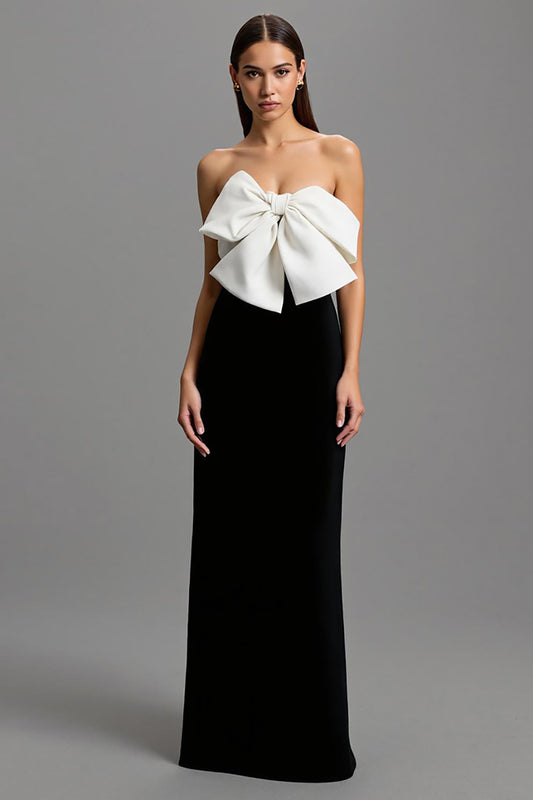 Black and White Strapless Long Satin Formal Dress with Bows