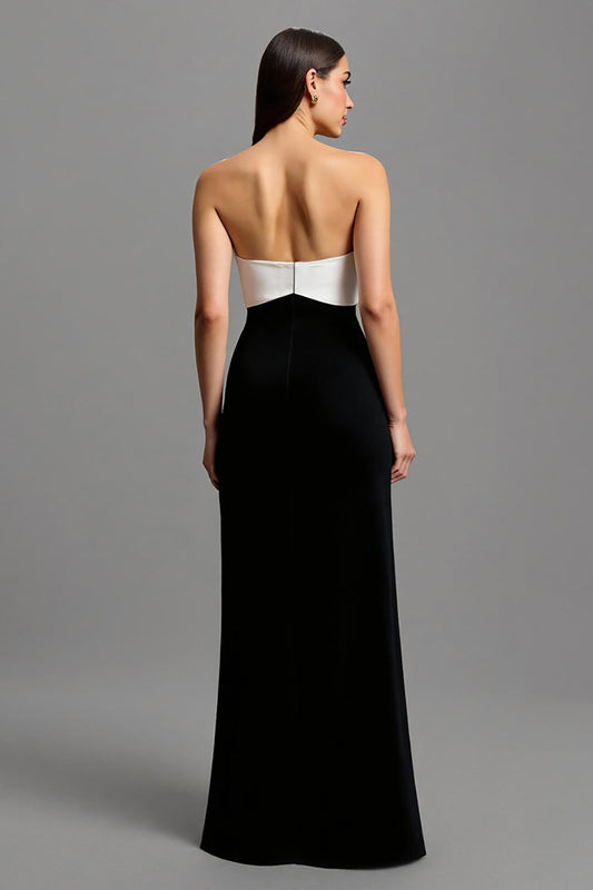Black and White Strapless Long Satin Formal Dress with Bows