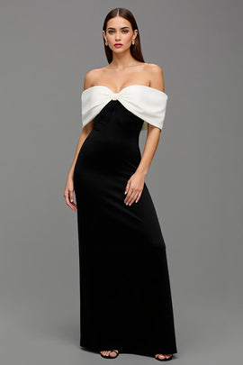 Black and White Satin Off the Shoulder Long Formal Dress