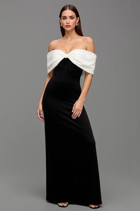 Zapaka Black and White Satin Long Formal Dress Off the Shoulder Black Tie Dress