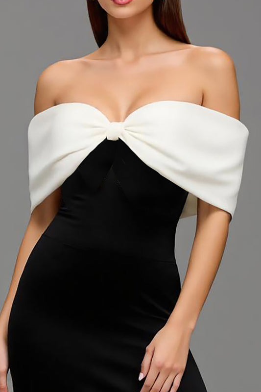 Black and White Satin Off the Shoulder Long Formal Dress
