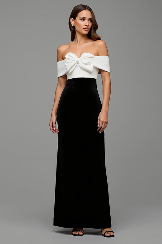 Black and White Sheath Satin Long Formal Dress with Bows