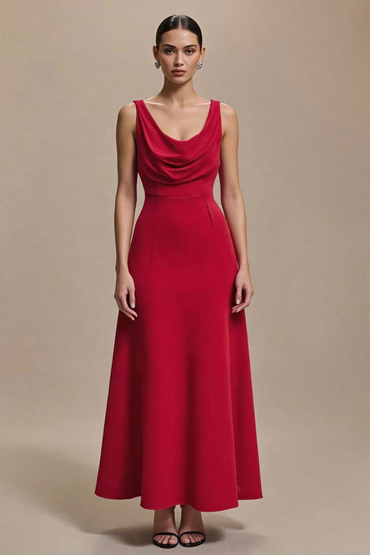 Simple Red Cowl Neck Satin A Line Long Formal Dress
