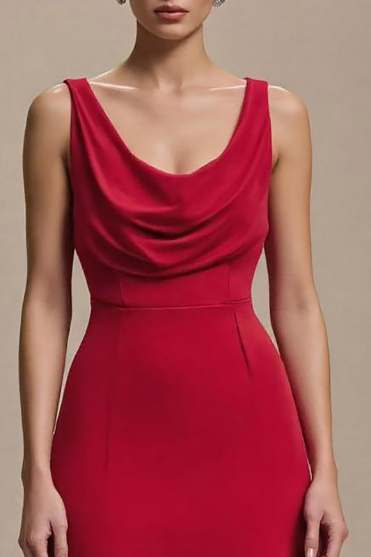 Simple Red Cowl Neck Satin A Line Long Formal Dress