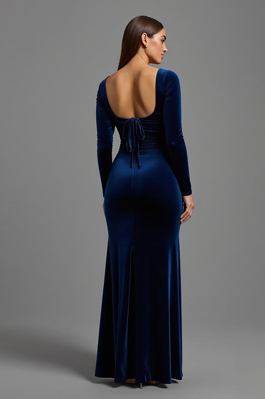 Simple Navy Velvet Long Sleeves Holiday Party Dress