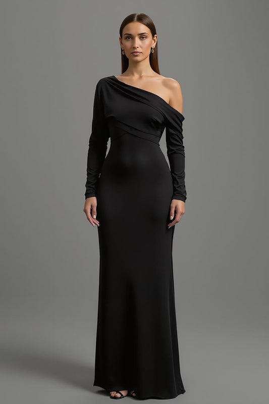 Black Satin One Shoulder Long Formal Dress with Sleeves