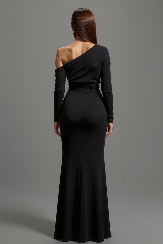 Black Satin One Shoulder Long Formal Dress with Sleeves