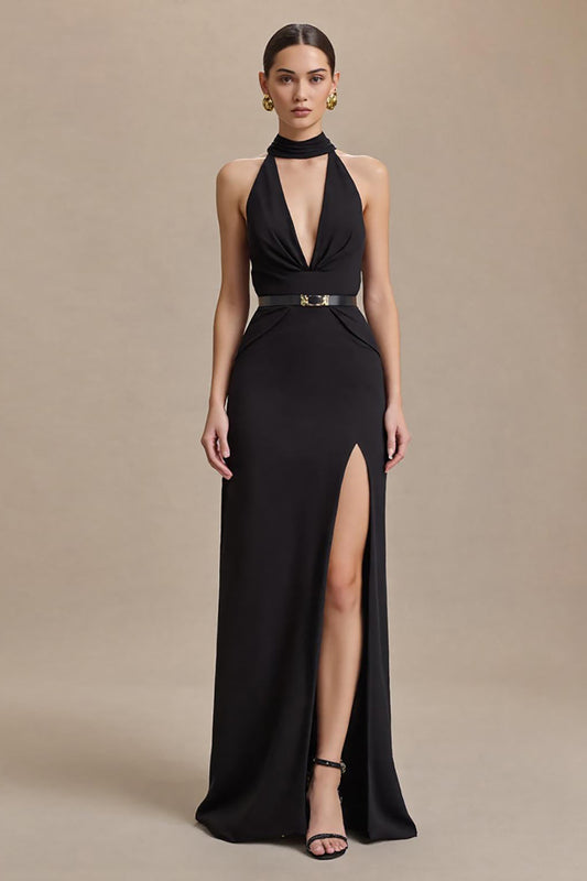 Black Halter Sheath Stain Long Formal Dress with Slit