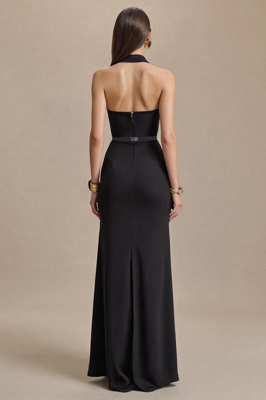 Black Halter Sheath Stain Long Formal Dress with Slit