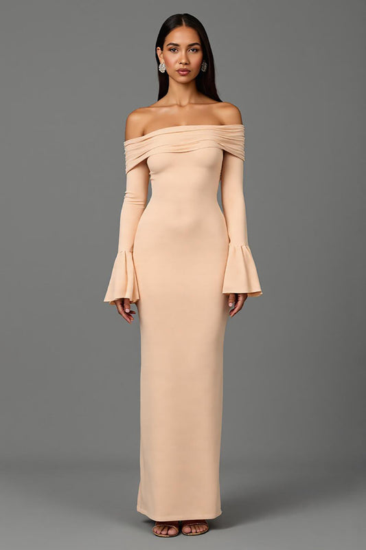 Apricot Off the Shoulder Sheath Long Sleeves Formal Dress