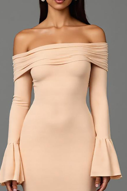 Apricot Off the Shoulder Sheath Long Sleeves Formal Dress