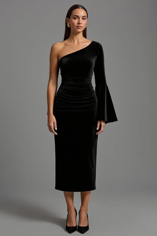 Black Velvet One Shoulder Ruched Long Holiday Party Dress