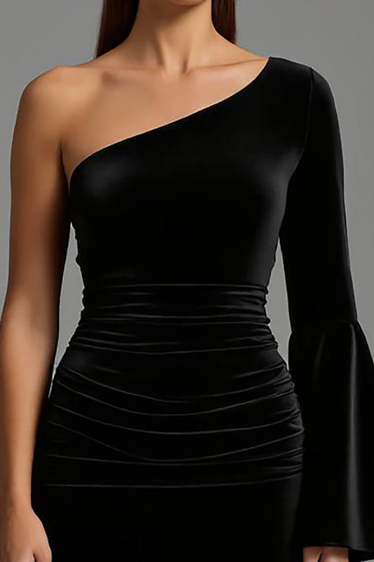 Black Velvet One Shoulder Ruched Long Holiday Party Dress