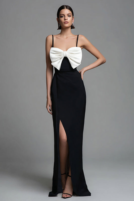 Black and White Bow Spaghetti Straps Sheath Long Formal Dress with Slit