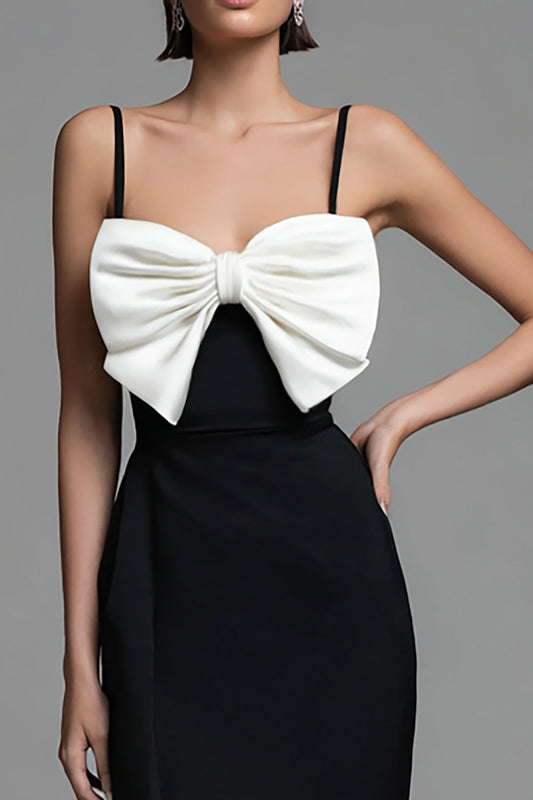 Black and White Bow Spaghetti Straps Sheath Long Formal Dress with Slit