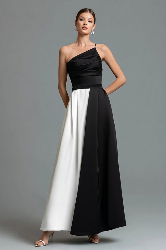 Black and White Satin Patchwork A Line Long Formal Dress