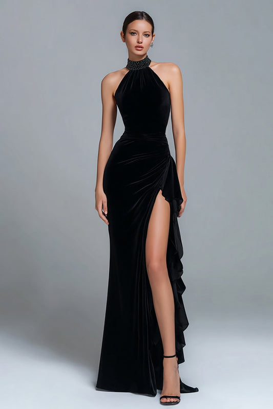 Sparkly Velvet Long Sheath Holiday Party Dress with Slit High Neck Black Tie Dress with Beading