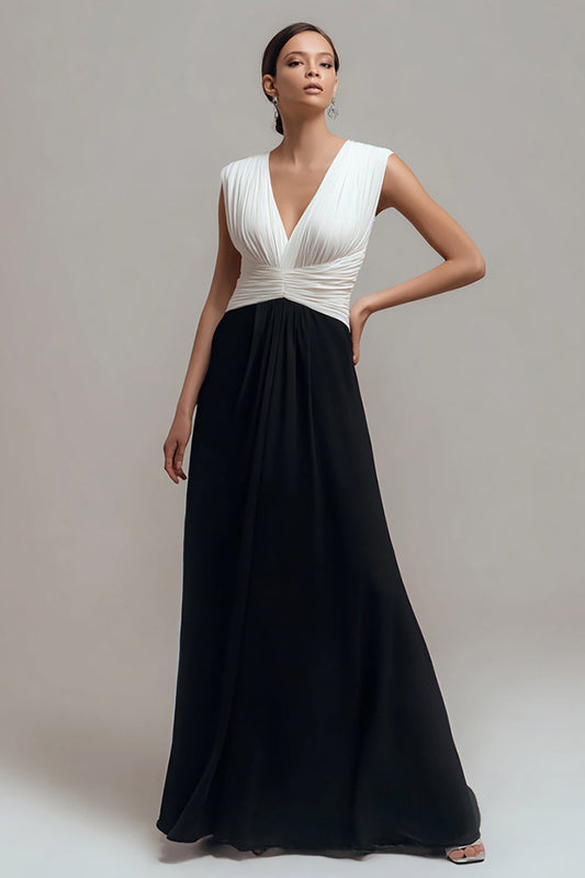 Chiffon Black and White Sheath V Neck Long Formal Dress