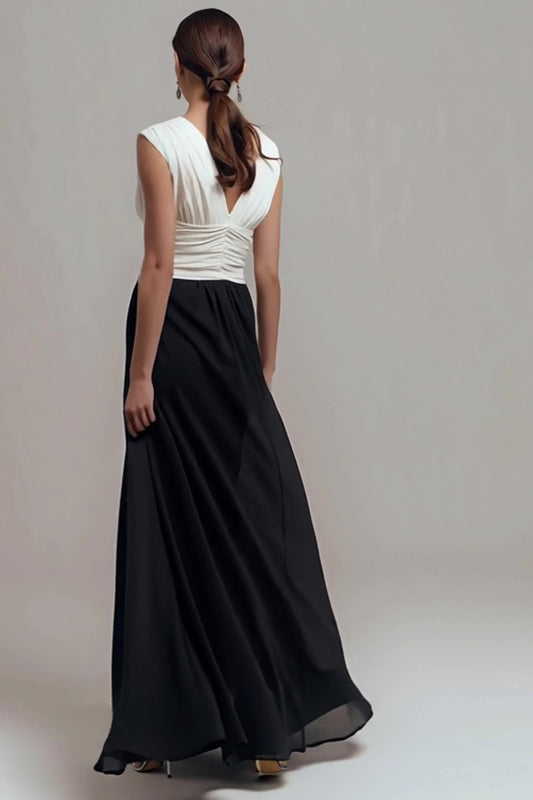 Chiffon Black and White Sheath V Neck Long Formal Dress