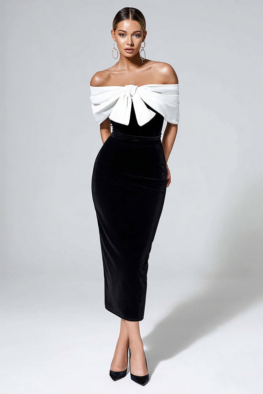 Black and White Velvet Off the Shoulder Maxi Cocktail Dress with Bow