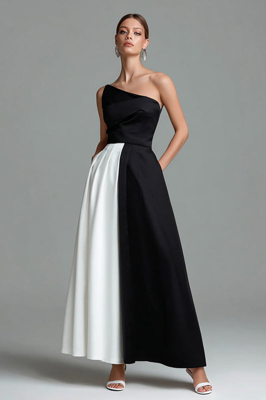 Black and White Satin Patchwork One Shoulder Long Formal Dress