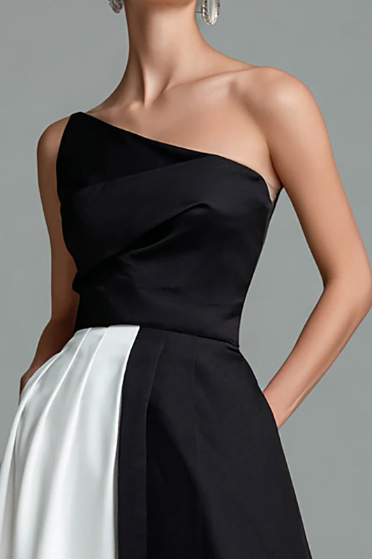 Black and White Satin Patchwork One Shoulder Long Formal Dress