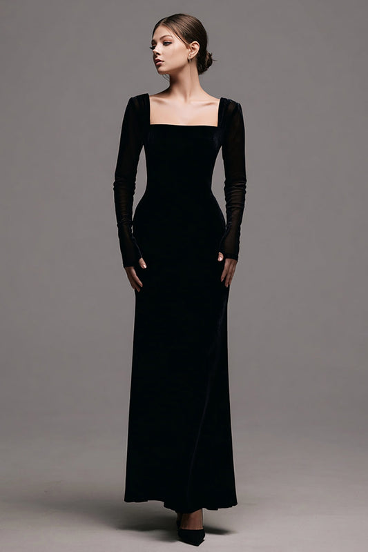 Zapakasa Women Simple Long Velvet Formal Wedding Guest Dress with Sleeves Sheath Square Neck Black Tie Dress