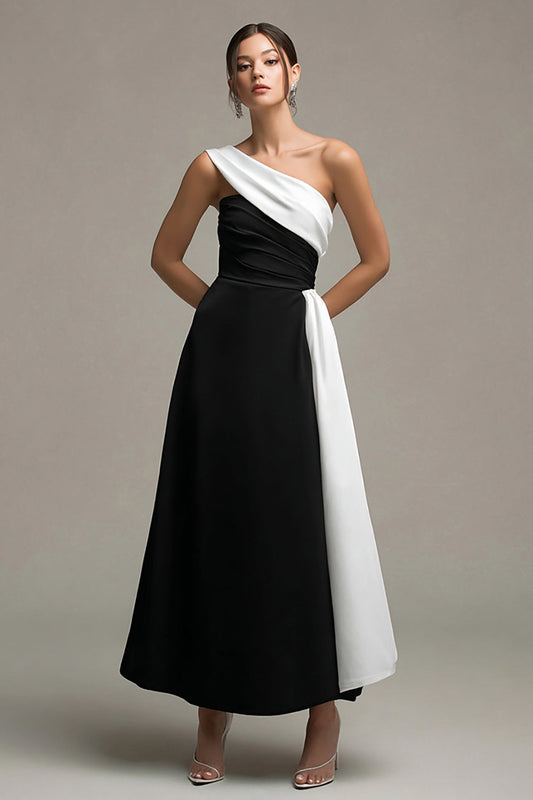 Satin Black and White One Shoulder A Line Long Formal Dress