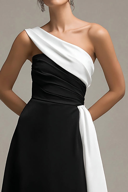 Satin Black and White One Shoulder A Line Long Formal Dress