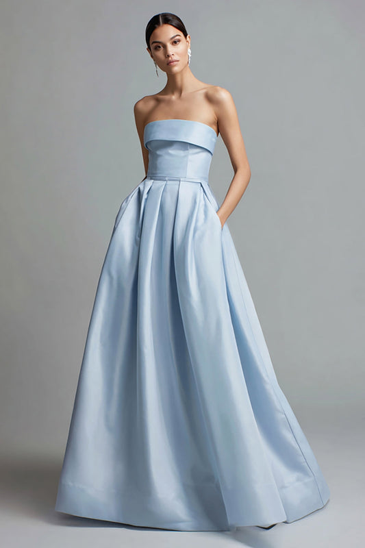 Sky Blue Satin Strapless A Line Long Formal Dress with Pockets