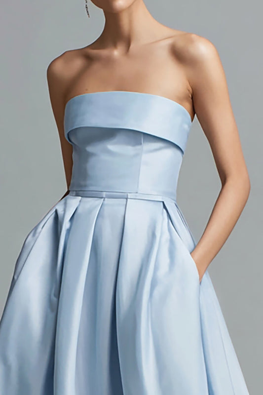 Sky Blue Satin Strapless A Line Long Formal Dress with Pockets